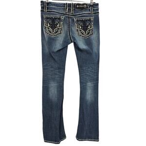 Studio 5 Womans size 27 Distressed Bootcut Denim Blue Jeans Embellished Pockets